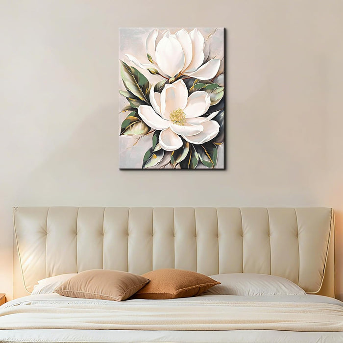 White Flower Canvas Wall Art, Botanical Framed Wall Decor Aesthetic with Handmade Yellow Crystal Accents, Ready to Hang for Bedroom, Bathroom, and Living Room (Flower B, 24*32 In, Wrapped Canvas)