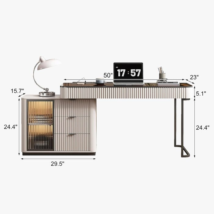 Ivory 50 Inch Office Computer Desk WithCabinetLEDlights