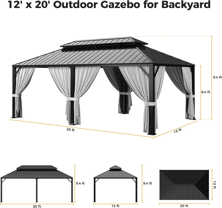 20x12 Hardtop Gazebo AluminumFrame Outdoor Gray Weatherproof