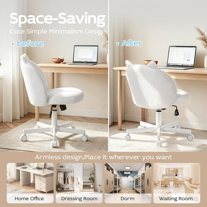 Vanity Chair with Cat Back,Armless Small Office Desk Chair,White