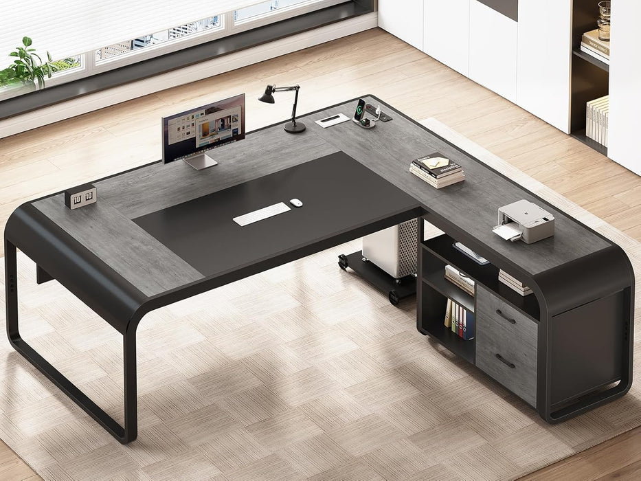61 Inch Executive Desk, Large Office Desk with File Drawer, L Shaped Desk with Drawers, Computer Desk with Mobile CPU Stand, Storage Shelves, Power Outlets for Home Office, Gray
