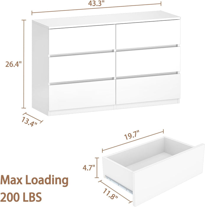 6 Drawer Dresser for Bedroom, Modern White Chest of Drawers No Handles Large Storage, Wood Dressers with Wide Drawers for Closet, Living Room, Home Office(43.3" W X13.4 Dx 26.4" H)