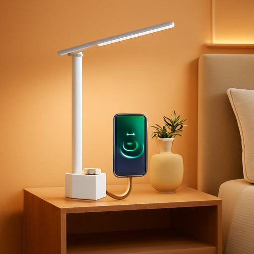 LED Desk Lamp - Sunturalux Desk Lamps for Home Office with USB A+C Charging Ports, 3 Color Modes Stepless Dimmable Eye-Caring Foldable Desk Light for Bedroom Table Reading Study(White)