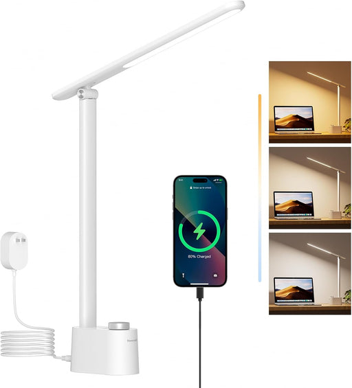 LED Desk Lamp - Sunturalux Desk Lamps for Home Office with USB A+C Charging Ports, 3 Color Modes Stepless Dimmable Eye-Caring Foldable Desk Light for Bedroom Table Reading Study(White)
