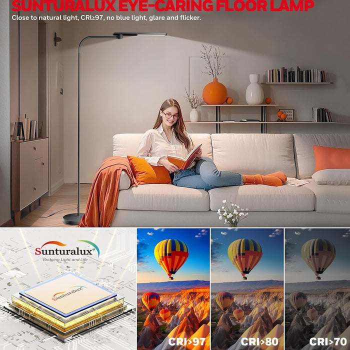 LED Floor Lamp with Remote, CRI97 Full Spectrum Eye-Caring Reading Lamp, Stepless Dimmable 3000K-5000K Task Floor Lamp with Flexible Gooseneck for Living Room, Bedroom, Office