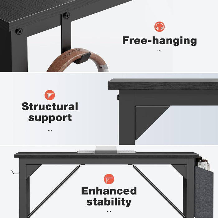 Computer Small Office Desk 40 Inch Writing Study Work with Storage Bag, Headphone Hooks, Home Simple Modern Wood Kids Student Table - Black