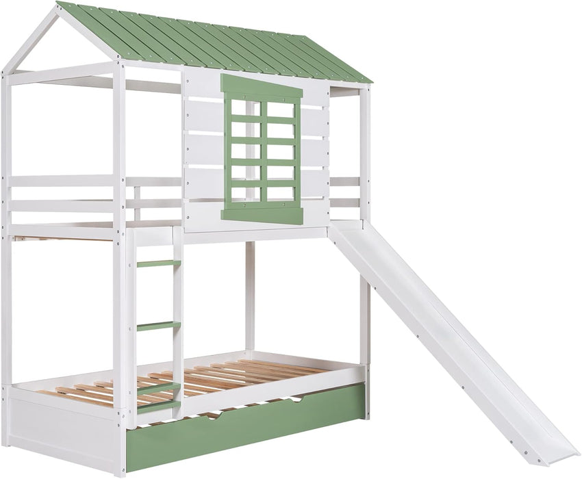 House Bunk Bed with Convertible Slide and Trundle, Solid Wood Bunk Bed Twin over Twin, for Kids Girls Boys (White+Green)