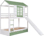 House Bunk Bed with Convertible Slide and Trundle, Solid Wood Bunk Bed Twin over Twin, for Kids Girls Boys (White+Green)