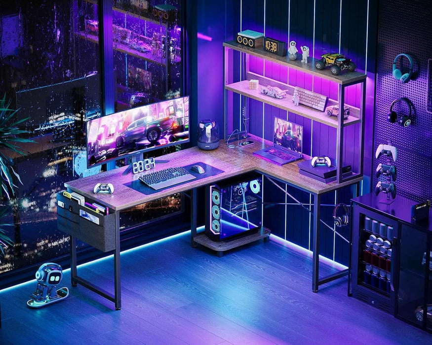 L Shaped Desk Gaming Desk with LED Light & Power Outlet, 53 Inch Reversible L Shaped Computer Desk with Shelf, Corner Desk with Storage Bag&Hook for Home Office Desk, Grey Oak