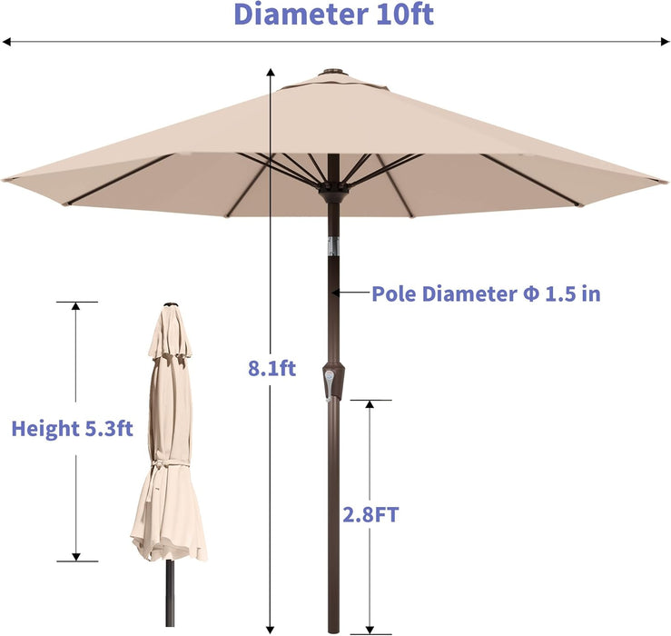 10FT Outdoor Patio Umbrella, Market Table Umbrella with Push Button Tilt and Crank, 8 Sturdy Fiberglass Ribs, UV Protection for Pool, Lawn, Deck, Backyard, Garden (Beige)