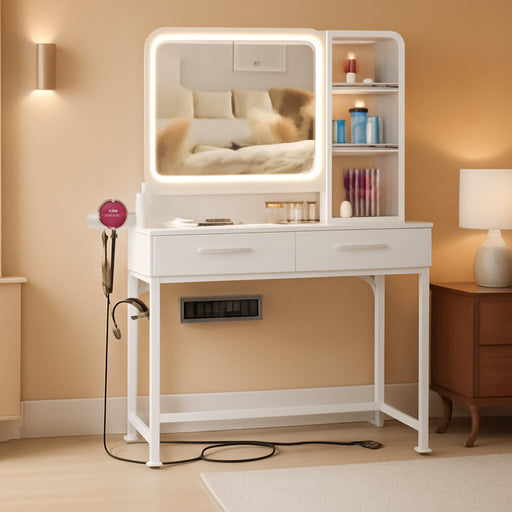 Small Vanity Desk, Vanity Desk with Mirror and Lights, Makeup Vanity Desks with Power Strip, Vanity Table with Drawers and Shelves, Adjustable Lighting, Dressing Table for Bedroom Dressing Room, White