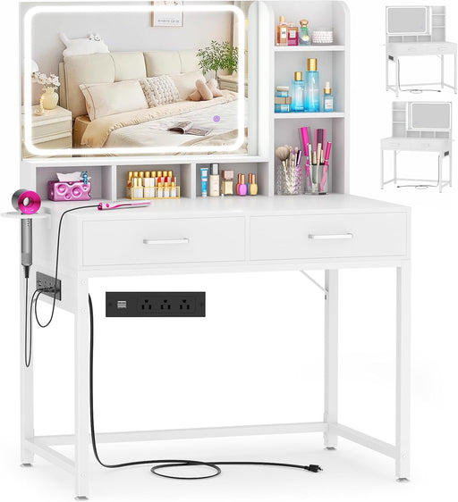 Small Vanity Desk, Vanity Desk with Mirror and Lights, Makeup Vanity Desks with Power Strip, Vanity Table with Drawers and Shelves, Adjustable Lighting, Dressing Table for Bedroom Dressing Room, White