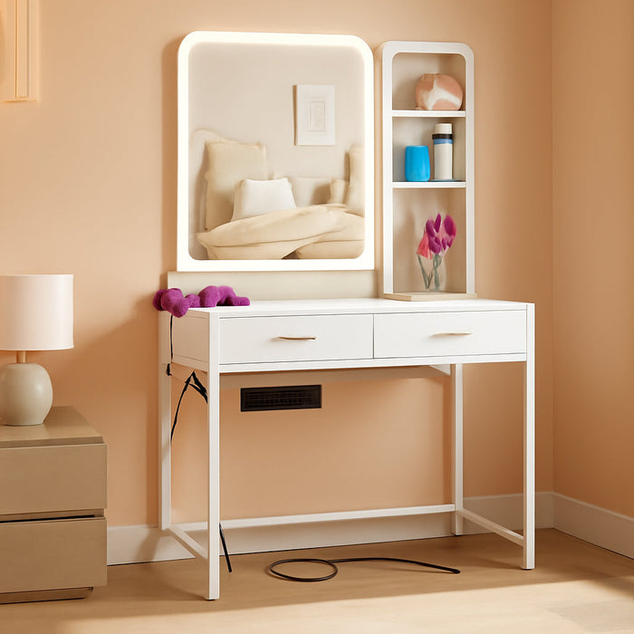Small Vanity Desk, Vanity Desk with Mirror and Lights, Makeup Vanity Desks with Power Strip, Vanity Table with Drawers and Shelves, Adjustable Lighting, Dressing Table for Bedroom Dressing Room, White