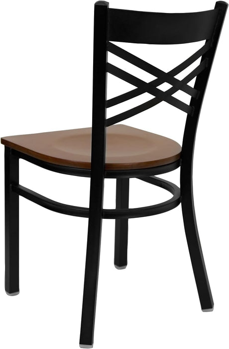 2 Pk. HERCULES Series Black ''X'' Back Metal Restaurant Chair - Cherry Wood Seat