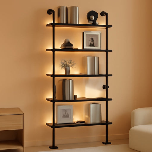 6-Tier LED Ladder Shelf, Wall Mounted Pipe Bookshelf, Black 36 Inch | Solid Pine 6-Tier Wall Mounted Pipe Bookshelf with Warm LED Lights, 40 Lb Shelves, for Books, Plants and Decor