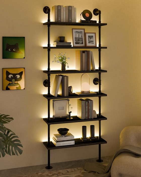 6-Tier LED Ladder Shelf, Wall Mounted Pipe Bookshelf, Black 36 Inch | Solid Pine 6-Tier Wall Mounted Pipe Bookshelf with Warm LED Lights, 40 Lb Shelves, for Books, Plants and Decor