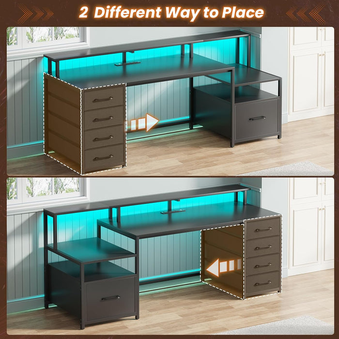 Computer Desk with 5 Drawer, Power Outlet & Led Lights, 66'' Home Office Desk with File Drawer, Storage, Monitor Shelf, Gaming Desk, Black