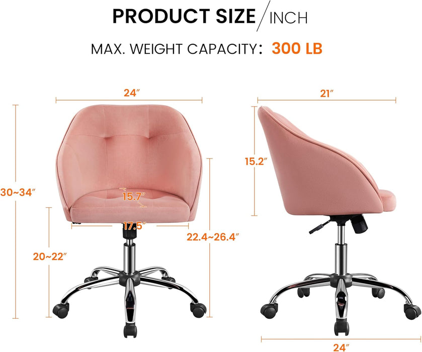 Comfy Desk Chair Cute Office Chair Pink Velvet Desk Chair Makeup Chair Vanity Chair with Back, Modern Swivel Computer Chair Accent Chair for Bedroom