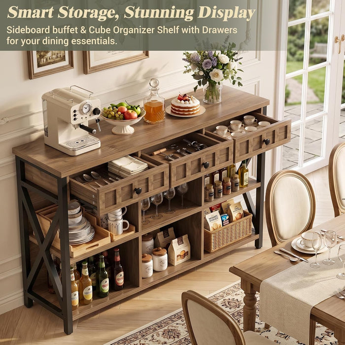 6 Cube Storage Organizer Bookcase, Cube Bookshelf with Drawers 47" | Short Open Bookshelf 3-Shelf Low Bookcase for Bedroom, Home Office, Living Room, Entryway, Brown Oak