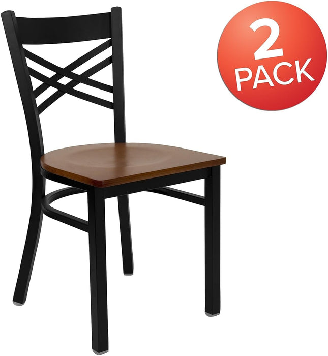 2 Pk. HERCULES Series Black ''X'' Back Metal Restaurant Chair - Cherry Wood Seat