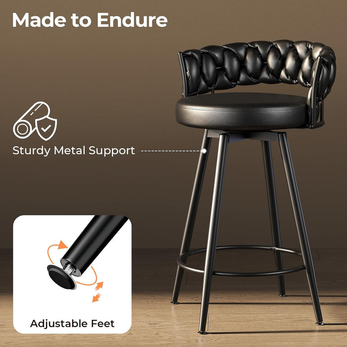 26" Counter Height Bar Stools Set of 3, Premium Faux Leather Barstools | Upholstered 360°Swivel Bar Chairs with Woven Backs Support & Heavy Duty Metal Legs for Kitchen Counter, Easy Assembly, Black