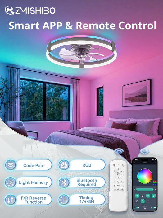 20" RGB Low Profile Ceiling Fans with Lights and Remote, Grey