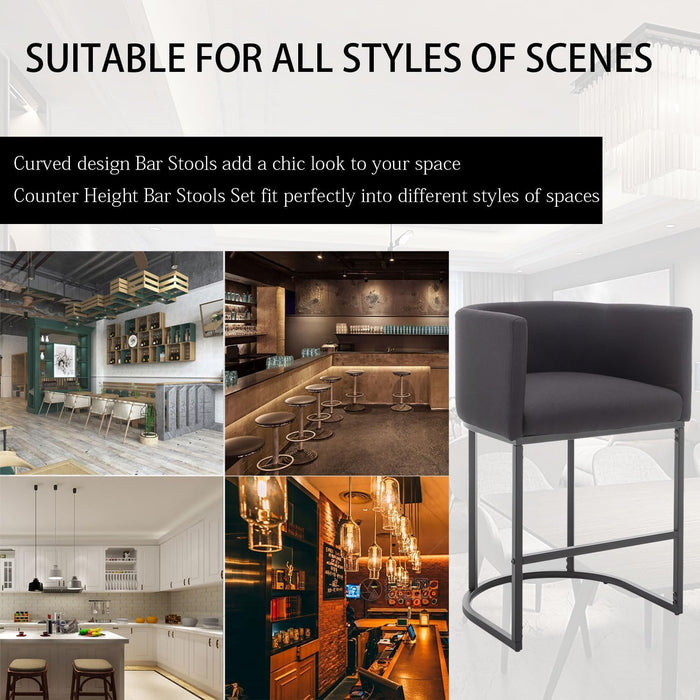 Counter Height Bar Stools Set of 3, Modern Bar Stool with Back, Barrel Bar Chairs with Metal Frames, Upholstered Barstools for Kitchen Island, Pub, Club (Black)
