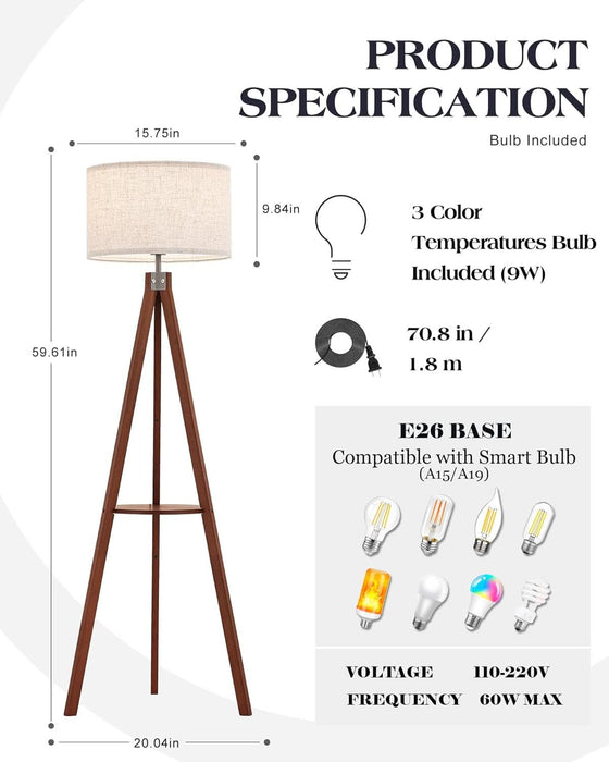 Mid Century Floor Lamp with 3 Color Temperatures LED Bulb, Modern Wood Tripod Table Reading Standing Light, Wooden Shelf Floor Lamp for Farmhouse Living Room Bedroom Office Linen Shade Brown