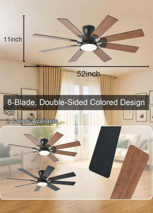 52 Inch Ceiling Fan with Light, 6 Speeds Reversible Low Profile Ceiling Fan with Light and Remote/App Control, 3 Color Temp+Dimmable RGB, 8 Blades, Flush Mount Quiet Ceiling Fans, Brown