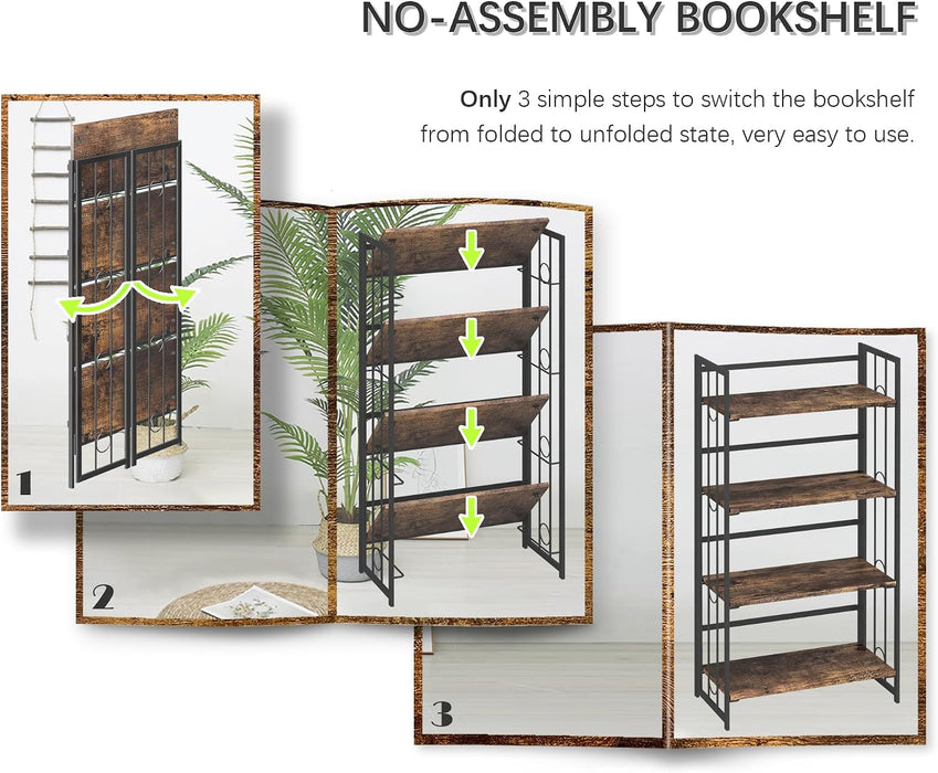 No Assembly 4 Tiers Folding Bookshelf, 47.2" H Foldable Storage Shelves Vintage Bookcase Standing Racks Study Organizer Home Office - Rustic Brown Black