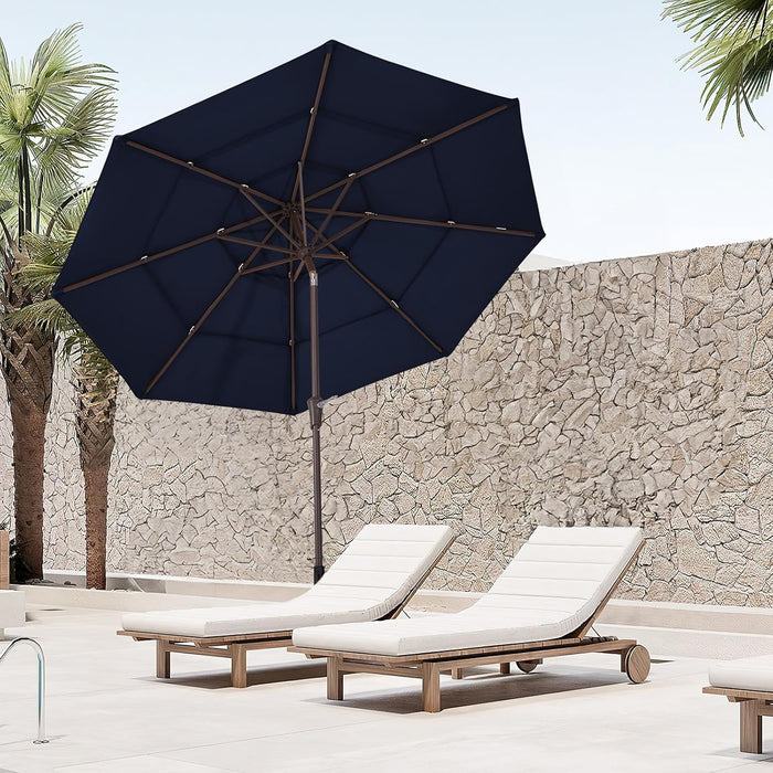 9FT 3 Tier Patio Umbrella Outdoor Market Umbrella Table Umbrellas with 8 Ribs 1.5 Pole Push Button Tilt and Crank UV Protection for Garden,Navy