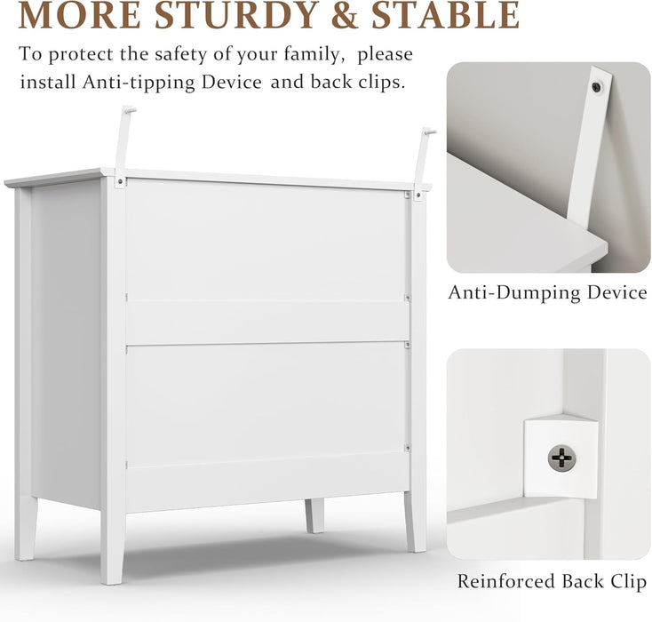 White Fluted 3 Drawer Dresser, 32 Inch Wide Dresser Nightstand for Bedroom, Modern Wood Chest of Drawers, Large Painted Nightstand with 3 Drawers for Closet, Hallway, Entryway