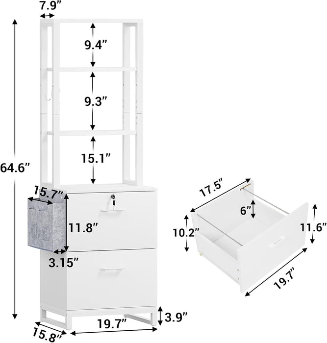 2 Drawer File Cabinet, Filing Cabinet with Lock Fits Letter, Legal, A4 Size, File Cabinets for Home Office with Storage Bag, Open Shelf and Hook, White