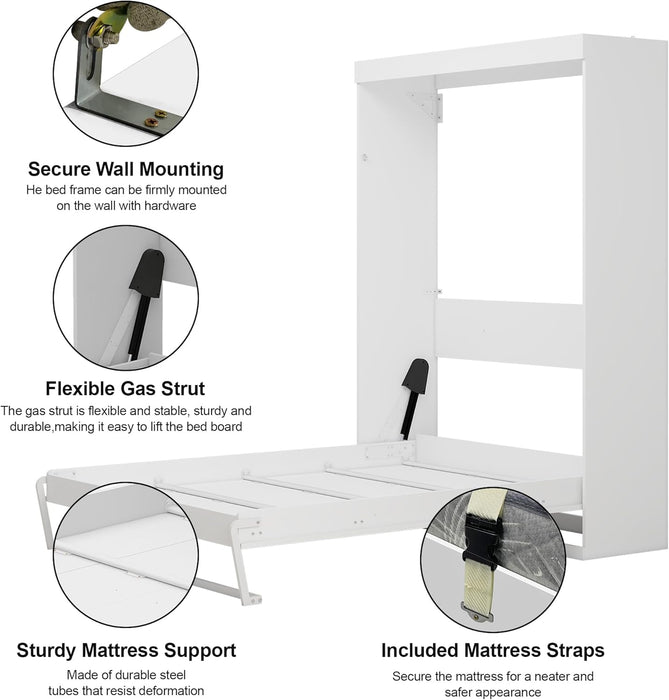 65 Inch Queen White Murphy Bed FlexibleSlatSystemEnhanced