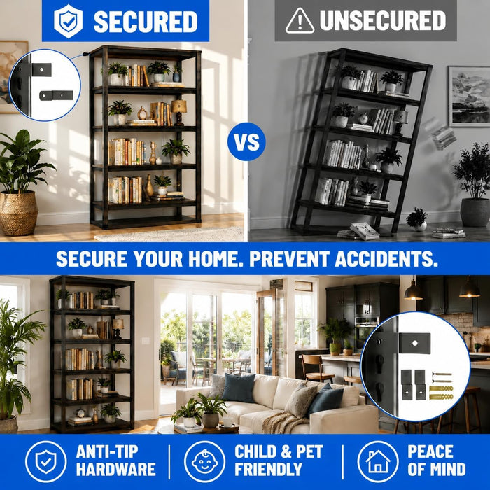 Metal Bookshelf, 5-Tier Adjustable Industrial Bookcase with Anti-Tip Kit | 2500LBS Boltless Steel Storage Shelves for Living Room, Bedroom & Home Office, 36"W X 16"D X 72"H