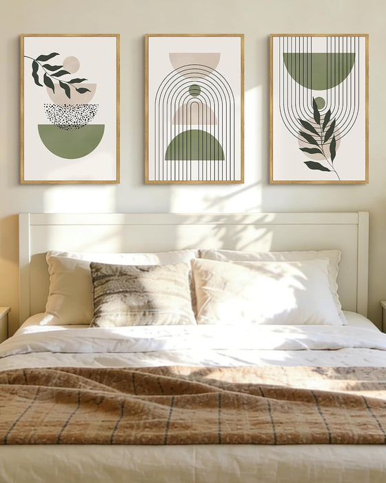 Large 16X24In Green Botanical Boho Wall Art Framed Modern Sage Bohemian Wall Decor Abstract Geometry Lines Prints Ready to Hang Natural Framed
