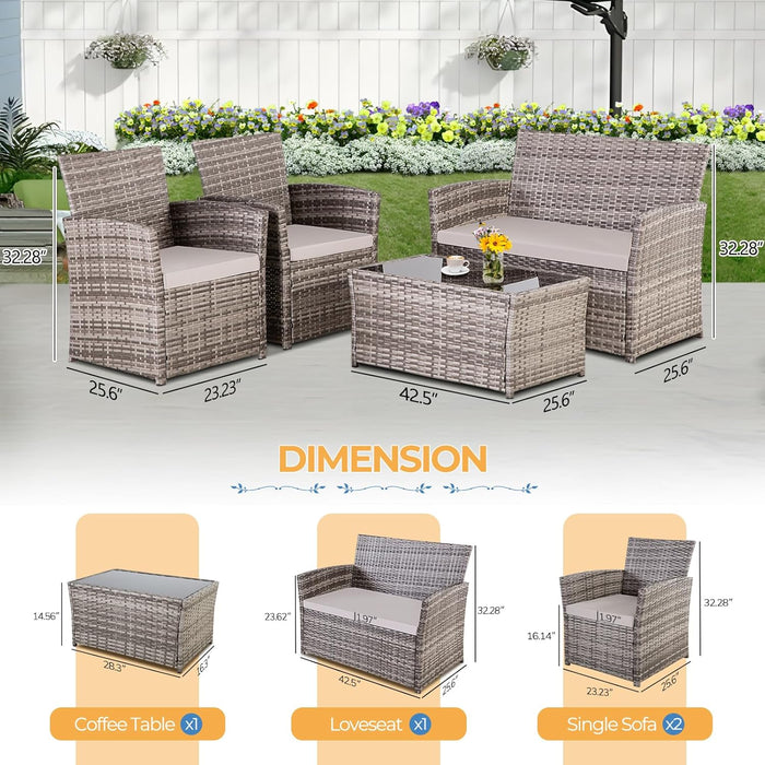 4 Piece Outdoor Patio Furniture Sets, Wicker Sectional Conversation Sofa Set, Rattan Table and Chairs and Loveseat with Cushions for outside Balcony Porch Backyard (Gray-Gray)