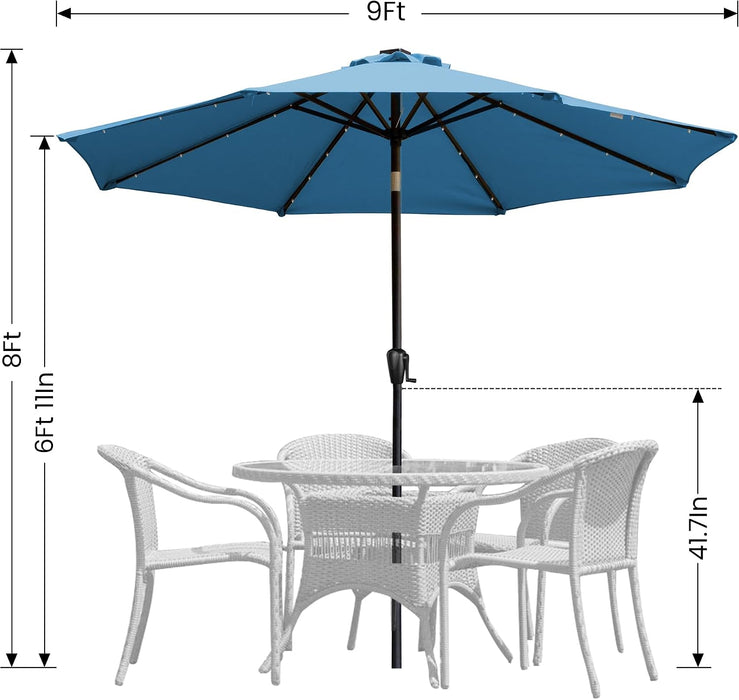 9' round Patio Umbrella with 32 Solar Powered LED Lights, Push-Button Tilt and Hand Crank Lift, Solar Umbrella in Teal for Porch, Deck, and Patio by