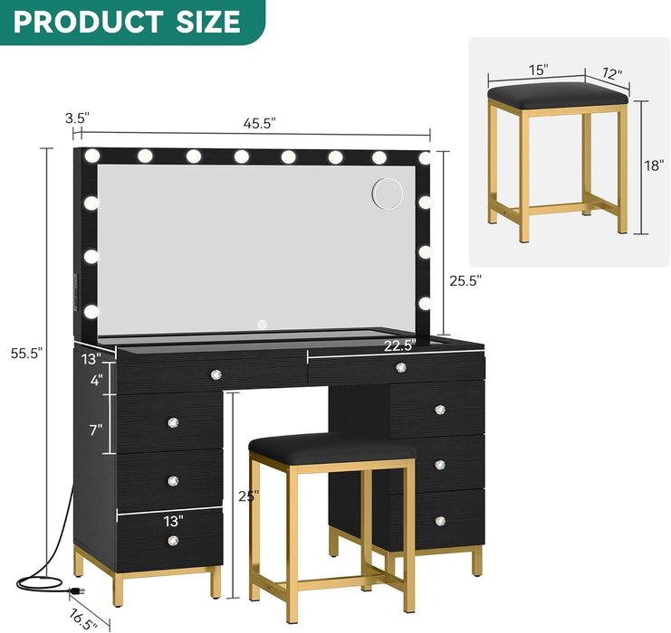 Makeup Vanity Desk with LED Mirror & Light, Large Makeup Table with 8 Drawers, Magnifying Glass, Power Outlets, Hairdryer Holder & Cushion Stool for Dressing Room, Black Vanity Set