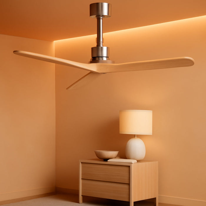 52 Inch Ceiling Fans No Light-Outdoor Ceiling Fan with Remote Control, Modern Wood Ceiling Fan without Light for Bedroom Indoor Patios Farmhouse,Reversible DC Motor,Brushed Nickel&Natural Wood