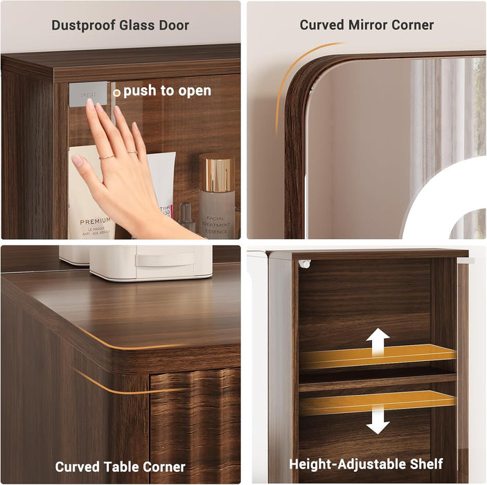 Fluted Vanity Desk with Large 32.7" Mirror and Lights, 47.4" Makeup Vanity with 7 Drawers & Glass Cabinet, Vanity Table with Charging Station & Storage Shelves, Brown