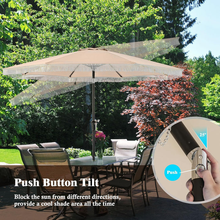 9Ft Patio Umbrella with Fringe, 2-Tier Outdoor Boho Umbrella with Tassels, Crank Handle, Push Button Tilt, Sun-Protective Canopy, 8 Ribs for Deck Backyard Poolside