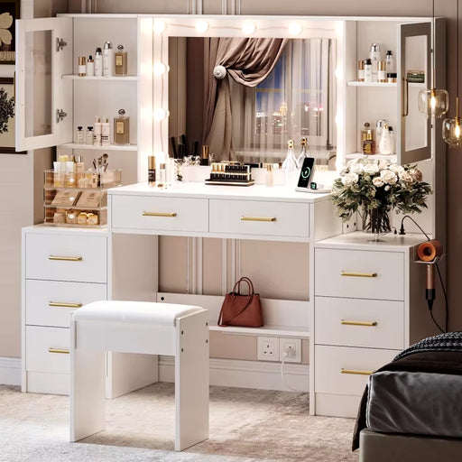 58.3" Large Desk Mirror &; ,Makeup Vanity with 10 LED Lights,8 Metal Sliding Drawers & 2 Cabinets,White