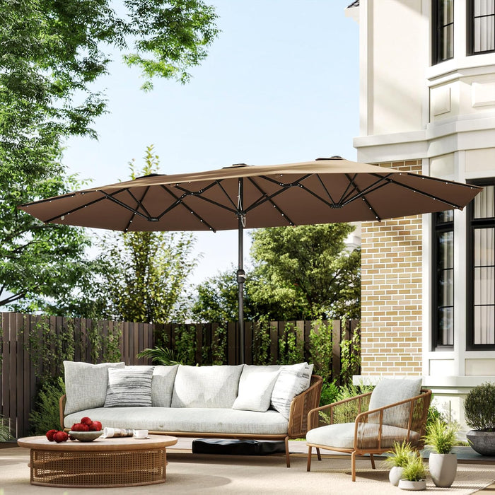 14.4Ft Large Patio Umbrella with 36 Solar LED Lights, Double Sided Outdoor Umbrella with Base Included