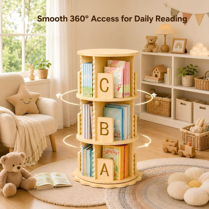 Rotating Bookshelf, 360° Spinning Bookcase for Small Spaces, Floor Standing Wooden Book Organizer, Narrow Corner Shelf for Bedroom, Study Room(3 Tier)