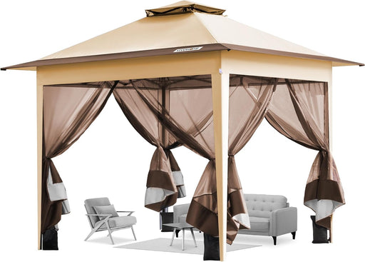 Pop up Gazebo 10X10Ft Outdoor Canopy Tent with Mosquito Netting & 2 Tiers Roof for Patio Garden Backyard, Beige
