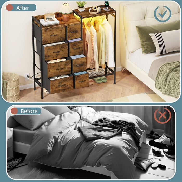 Dresser with Hanging Rack, 8-Drawer Dresser for Bedroom with Charging Station & LED Lights, Fabric Dressers with Shoe Rack, Rustic Brown, 11.8" D X 42" W X 42.7" H (8 Drawers)