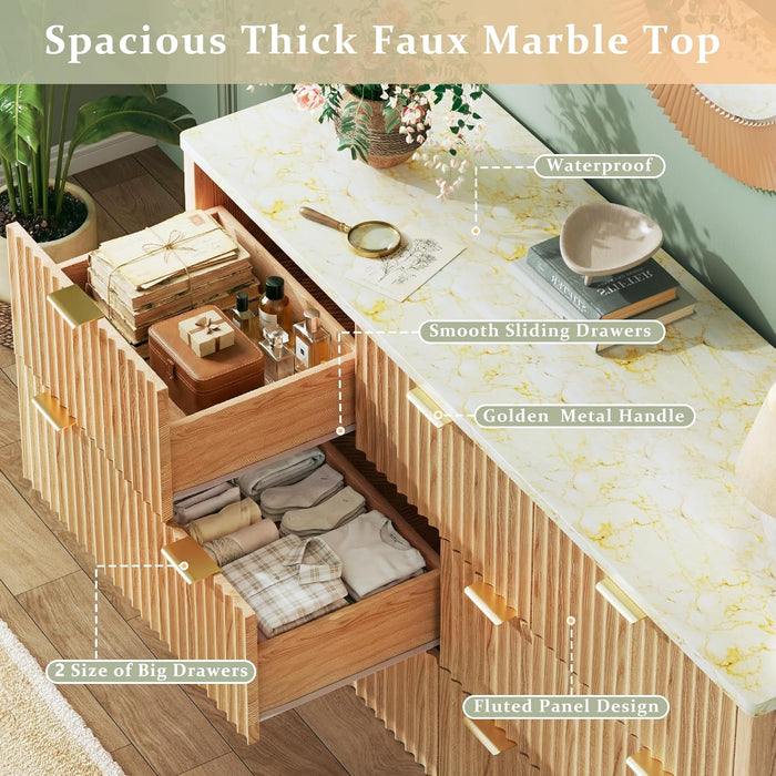 Fluted Dresser for Bedroom with 7 Drawers, 53" Wide Mid Century Modern Dressers with Faux Marble Top & Metal Handle, Wooden Chest of Drawers TV Stand, Natural Oak