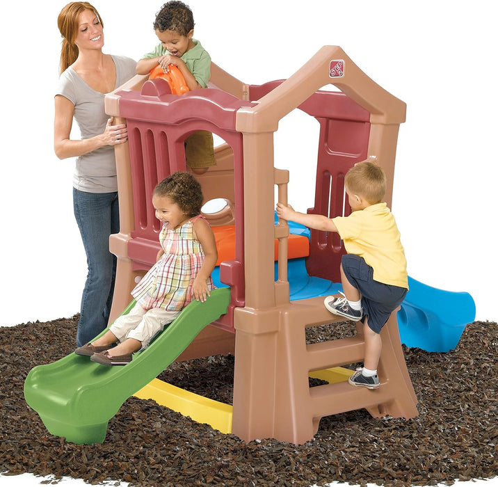 Play up Double Slide Climber, Kids Outdoor Playset, Backyard Playground Set, 2 Slides, Elevated Playhouse, outside Jungle Gym, for Toddlers 2-6 Years Old