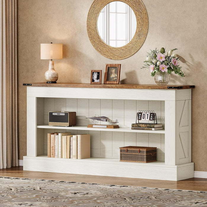 63-Inch Long Console Table for Entryway, Narrow Long Entry Table with Shelves for Living Room, Farmhouse Sofa Console behind Couch, for Foyer, Hallway, White and Brown